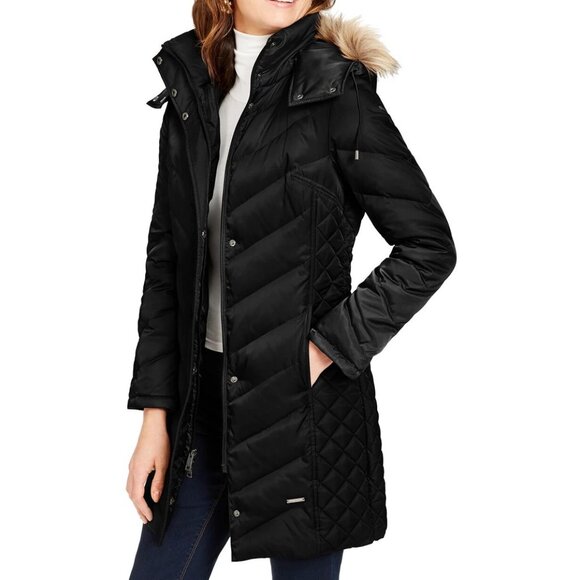 New KENNETH COLE Long Puffer Coat Large Black Hooded - Picture 1 of 13